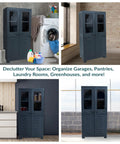 Resin Garage Storage Cabinet With Two Acrylic Glass Doors in charcoal finish used in laundry room, kitchen, and basement settings.
