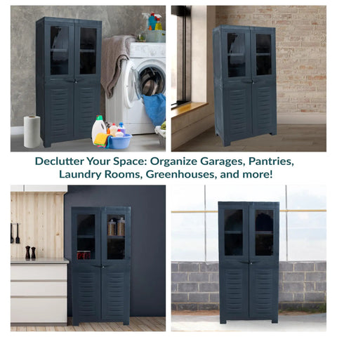 Resin Garage Storage Cabinet With Two Acrylic Glass Doors in charcoal finish used in laundry room, kitchen, and basement settings.