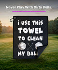 Funny Microfiber Golf Towel With Bag Clip For Men And Dad Gift, Clean My Balls Joke, displayed on a golf course