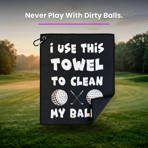 Funny Microfiber Golf Towel With Bag Clip For Men And Dad Gift, Clean My Balls Joke, displayed on a golf course
