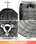 Arturesthome 3-Light Rattan Woven Bell Pendant Light for Dining Room Black showing hand-woven design and E26/E27 socket.
