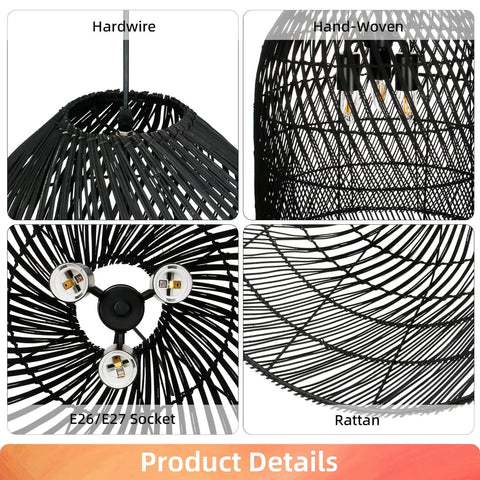 Arturesthome 3-Light Rattan Woven Bell Pendant Light for Dining Room Black showing hand-woven design and E26/E27 socket.