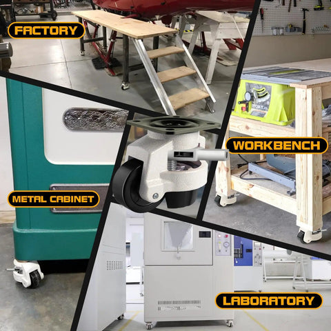 Heavy Duty Adjustable Leveling Casters With Tough Rubber Wheels on metal cabinet in factory and workbench, used in laboratory.