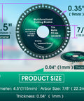 Front view of Taoskai 5-pack 4.5-inch indestructible cutting discs for angle grinder, 7/8" arbor, 0.04" thick
