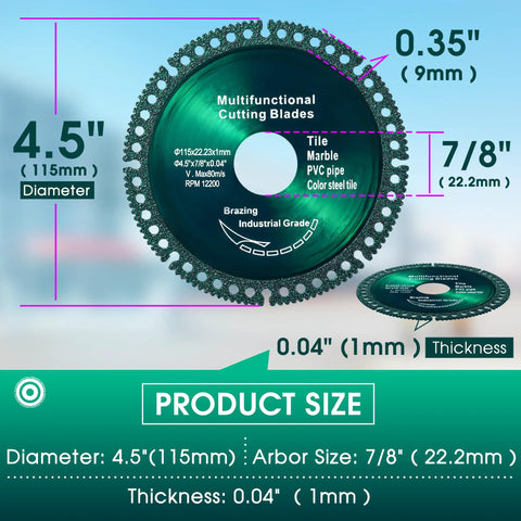 Front view of Taoskai 5-pack 4.5-inch indestructible cutting discs for angle grinder, 7/8" arbor, 0.04" thick