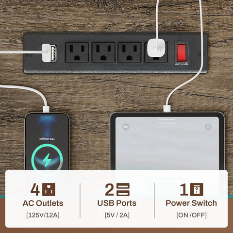L Shaped Desk With Power Outlet And LED Lights, 94.5 Inch Home Office Desk power strip with USB ports and charging devices
