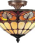 Three Light Tiffany Mica Flush Mount Fixture In Brass Antique Finish Newport Collection Dylan Style Ceiling Light with glass shade