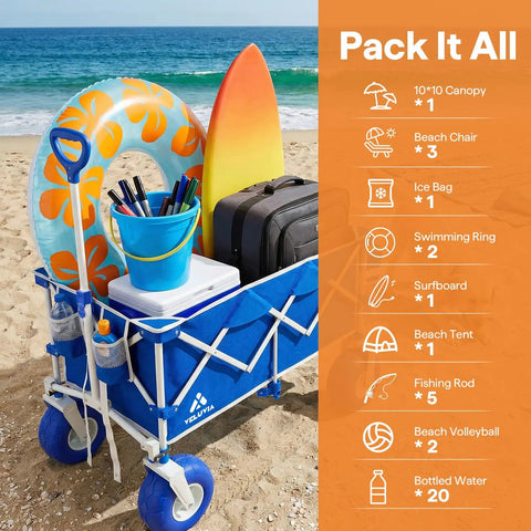 All Terrain Beach Wagon With Big 9 Inch Balloon Wheels For Sand And Grass 400 Lb Heavy Duty Collapsible Cart with beach gear