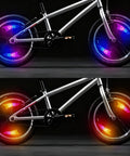 Rechargeable Wheel Lights 2 Pack For Bike Spokes With Weatherproof Design, Motion Sensor Auto On Off, displayed on bike wheels