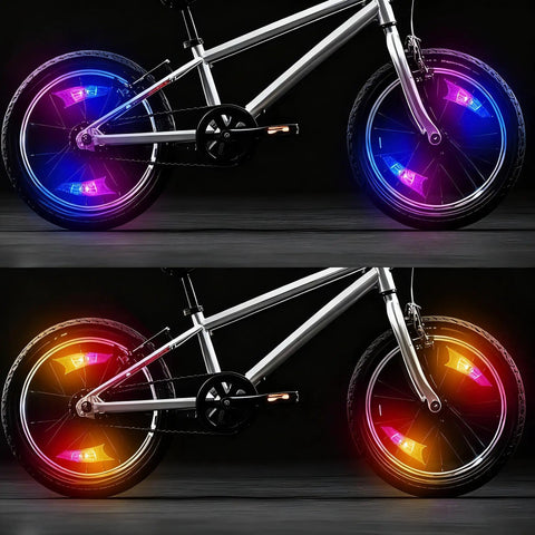 Rechargeable Wheel Lights 2 Pack For Bike Spokes With Weatherproof Design, Motion Sensor Auto On Off, displayed on bike wheels