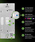 Long Range Z Wave On Off Switch 800 Series Toggle For Your Smart Home Setup Voice Control With Alexa And Google Assistant Works With SmartThings Ring Alarm Wink ADT Nexia Honeywell And More back view with air gap, LED, mode button, QR code