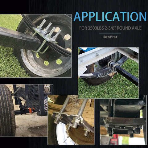 Heavy Duty Trailer U Bolt Kit For 3500 Lbs Axles installed on trailer with 2 3/8 inch round axle and secure leaf springs
