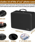 Fireproof Photo Storage Box With Lock 16 Inner 4x6 Photo Cases, dimensions, handle, code lock, waterproof zippers, dividers