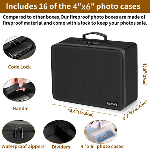 Fireproof Photo Storage Box With Lock 16 Inner 4x6 Photo Cases, dimensions, handle, code lock, waterproof zippers, dividers