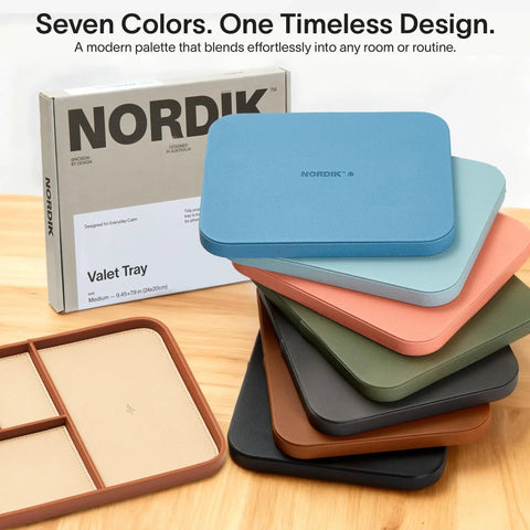 Snap Up This Dope Sand Brown Leather Valet EDC Tray to Sort Your Daily Essentials Watch and Change While Keeping Your Desk or Nightstand Clutter Free and Looking Fresh in Medium Size, stack of valet trays in various colors.