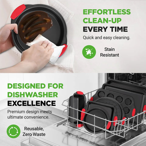 Round and square pans from Deluxe Nonstick Bakeware Set 8 Piece Kitchen Pan Collection in dishwasher, red silicone handles