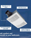PowerHeat Bathroom Exhaust Fan and Heater Non Lit, 80 CFM, 1300 Watt Heater, Quiet 1.5 Sones, White Grille