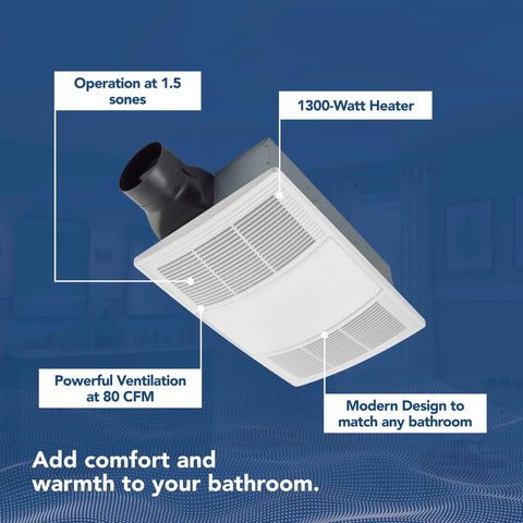 PowerHeat Bathroom Exhaust Fan and Heater Non Lit, 80 CFM, 1300 Watt Heater, Quiet 1.5 Sones, White Grille