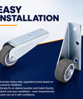 Top Shelf Two Pack Anti Sag Gate Wheels Featuring Thick Carbon Steel Brackets And Non Slip Rubber Casters For Rock Solid Door Support and Smooth Quiet Glide Action, showing upgraded hardware.