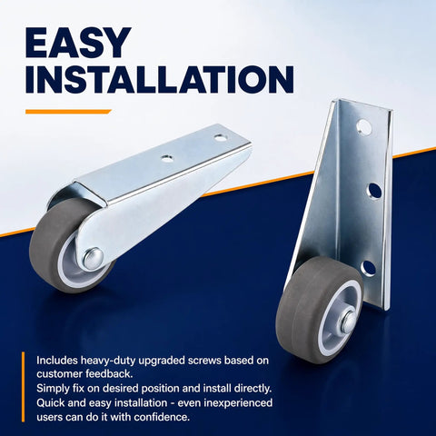 Top Shelf Two Pack Anti Sag Gate Wheels Featuring Thick Carbon Steel Brackets And Non Slip Rubber Casters For Rock Solid Door Support and Smooth Quiet Glide Action, showing upgraded hardware.