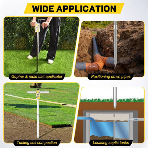 Stainless Steel Gopher And Mole Bait Applicator For Lawns And Yards, showing usage for pest control and soil tasks.