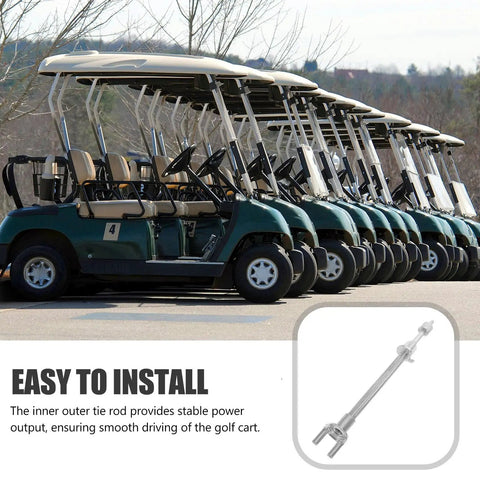 Image of a lined-up row of golf carts with an inset showing a Heavy Duty Golf Cart Tie Rod Replacement, Silver Iron Driver Rod, Quick Install, Sturdy Steering Upgrade For Reliable Performance, Precise Handling, And Long Lasting Durability.
