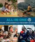 First aid kit, 110-piece Be Smart Get Prepared by Amazon; collage of home, travel and sports wound-care scenes.