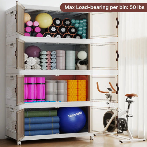 No Hassle Mega Extra Large Four Tier Stackable Storage Bins With Smooth Roll Away Wheels And Locking Door Panels For Heavy Duty Clothes Bedding Seasonal Gear Organization Setup
