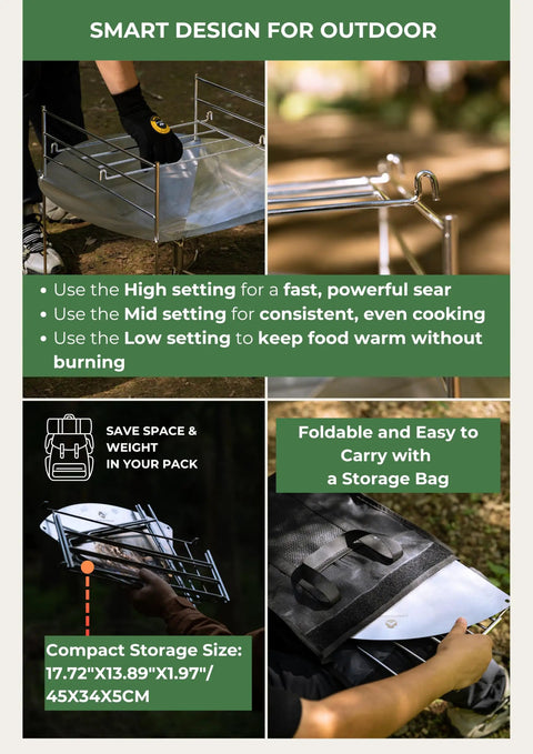 22 Inch Portable Fire Pit For Camping And RV Trips, Ultralight Foldable Grill Stand with Carry Bag, featured with storage bag