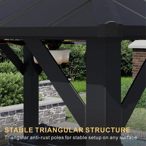 Outdoor Hardtop Grill Gazebo With Galvanized Steel Double Roof And Aluminum Frame, close-up of triangular structure and side view.