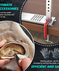 Oyster Shucker Machine Opener Set For Fast Safe Shell Opening with aluminum base and stabilizing grooves shown in use
