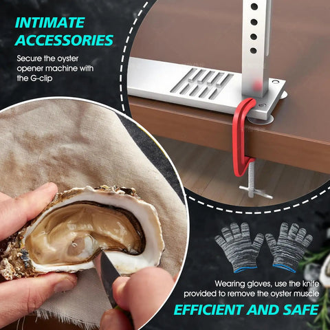 Oyster Shucker Machine Opener Set For Fast Safe Shell Opening with aluminum base and stabilizing grooves shown in use