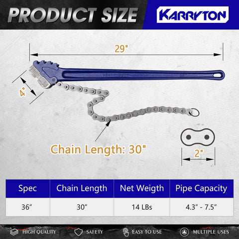 Heavy Duty Chain Pipe Wrench With 36 Inch Chain, Fits 4.3 To 7.5 Inch Pipes, 30 Inch Chain Length, Max 15000 Lbs Breaking Load