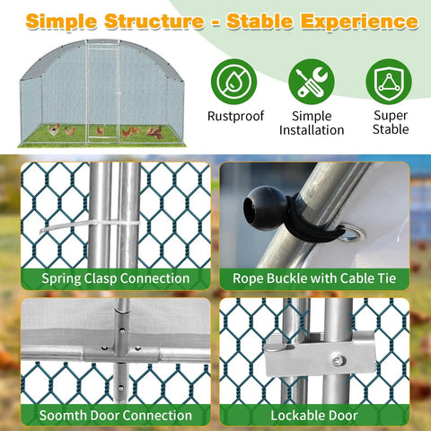 Detailed view of the Large Walk In Chicken Coop With Waterproof Round Arch Cover And Anti UV Shield, showcasing stable construction.