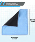 Front view of blue microfiber cleaning cloth with black suede-backed side; double-sided, 6.6 x 6.2 inches.