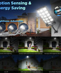 Two Pack Crazy Bright Solar Street Lights Outdoor 120000 Lumens mounted on house wall showcasing brightness modes at night