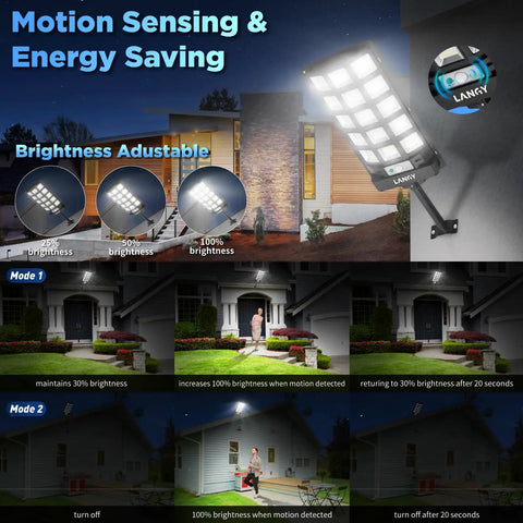 Two Pack Crazy Bright Solar Street Lights Outdoor 120000 Lumens mounted on house wall showcasing brightness modes at night