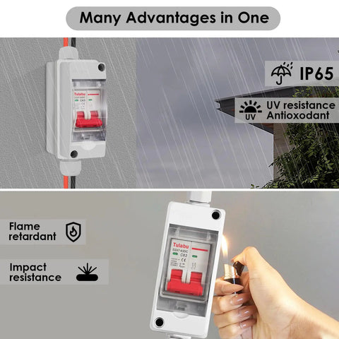 Outdoor Solar Disconnect Switch 20 Amp IP Waterproof DC Miniature Circuit Breaker installed showing rain resistance