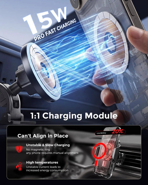 2-In-1 MagSafe Wireless Car Charger Mount With 15W Fast Charge Magnetic Phone Holder illustrating charging module and iPhone attachment