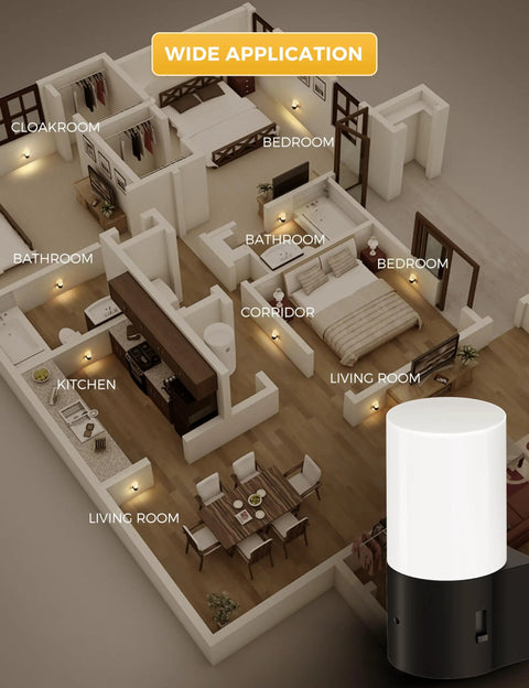 Two Pack Plug In Night Light With Dusk To Dawn Auto On Off, Soft White 3000K Cozy Glow, Rustic Black Frame Night Light shown in home layout
