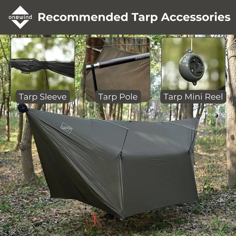 12 By 10 Ft Ultralight Camping Hammock Tarp Rainfly With Doors set up in forest with tarp sleeve, pole, and mini reel accessories