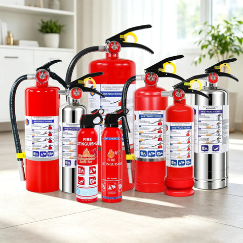 Assorted Badass 10 LB ABC Fire Extinguisher Dry Chemical in red and silver for kitchen, garage, and road trip safety.