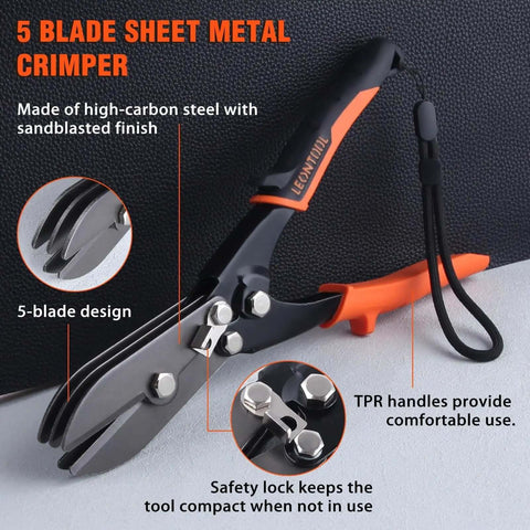 5 Blade Hand Crimpers For Sheet Metal And Ductwork, Heavy Duty Pro Grade Crimp Tool For 22 To 28 Gauge with ergonomic TPR handle