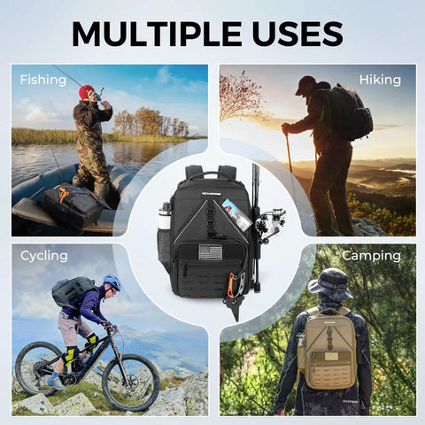 Image showing KarryAll KastMate Fishing Tackle Backpack used in fishing, hiking, cycling, and camping setups.