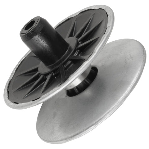 Close-up view of beefy secondary transmission variator pulley for John Deere D105 E100 X105 MIA12482 replacement part.