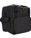 Black vinyl record storage bag with cationic fabric, thick padded base, dual zippers, and removable dividers for DJs and concerts.