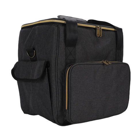 Black vinyl record storage bag with cationic fabric, thick padded base, dual zippers, and removable dividers for DJs and concerts.