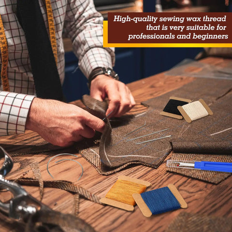Person hand stitching fabric with Heavy Duty Leather Stitching Kit With 32 Yards Waxed Thread, 8 Upholstery Needles, on table