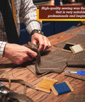 Person using Pro Grade Upholstery Repair Sewing Kit with 32 yard waxed thread and 8 heavy duty leather needles on fabric
