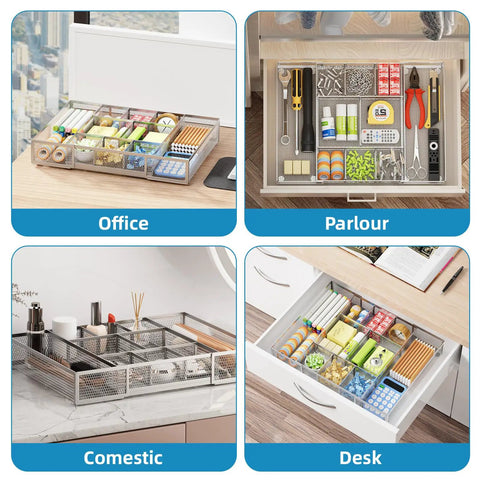 Expandable Desk Drawer Organizer Mesh Tray With 10 Adjustable Compartments displayed in office, parlor, comestic, and desk uses